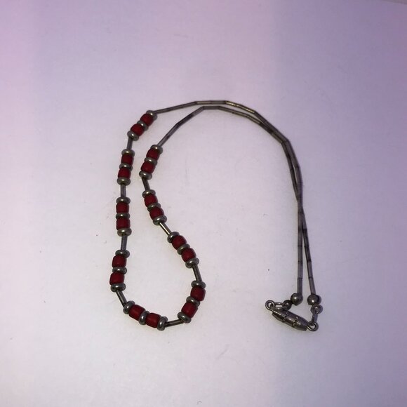15 1/4" Frosted Orange Red and Silver Beaded Necklace - Picture 6 of 9
